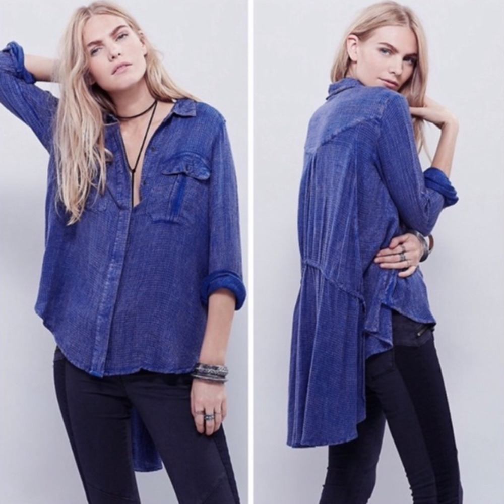 Free People One Of The Guys Oversized Waffle Button Down Tunic Top